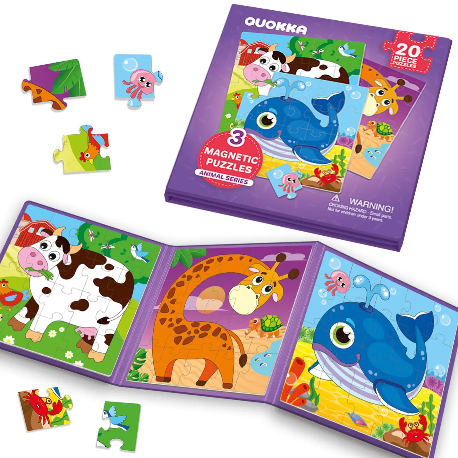 QUOKKA Magnetic Shape Recognition Puzzle, 20-Piece Beginner Magnetic Puzzle Blocks, 6.9x6.9 in, Toddler-Friendly, Screen-Free, Travel-Friendly, No Battery Needed, Animals & Nature Farm/Ocean Themed Development Toy for 4-6 Years