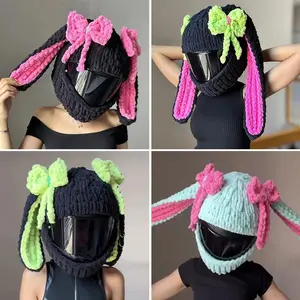 Motorcycle Helmet Decoration Cute Rabbit Ear Helmet Knitted Cover Handmade Thick Velvet Hat Cover for Women Cosplay Styling