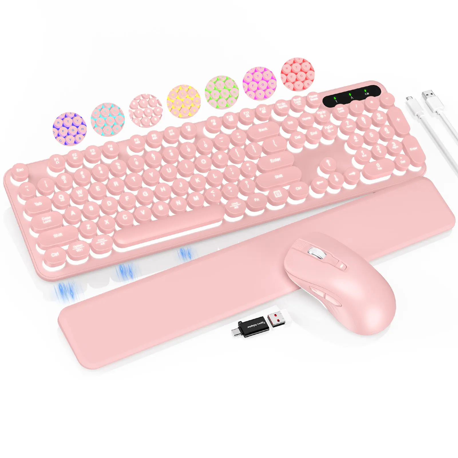 SABLUTE CK23PRO Wireless Keyboard & Mouse Set with 7-Color Backlight Retro Round Keycaps Detachable Wrist Rest Rechargeable 2.4GHz Connection Dual-System Layout for Windows(non-bluetooth)