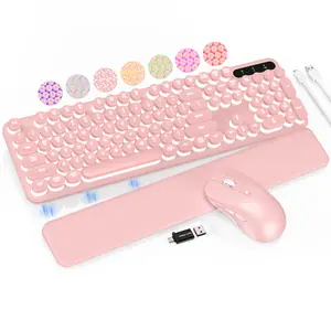 SABLUTE CK23PRO Wireless Keyboard & Mouse Set with 7-Color Backlight Retro Round Keycaps Detachable Wrist Rest Rechargeable 2.4GHz Connection Dual-System Layout for Windows(non-bluetooth)