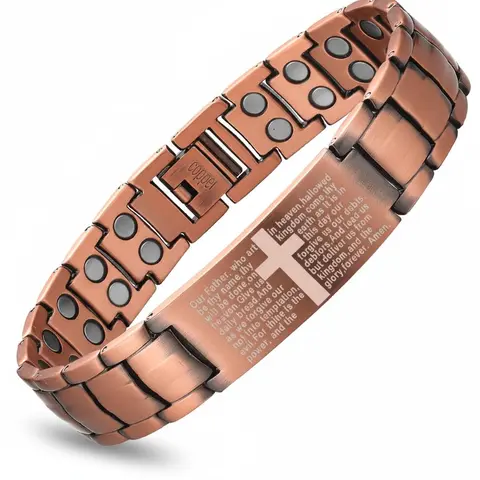 Men's Copper Cross Prayer Bracelet - Ultra-Strength Magnet Bangle with Adjustable Links, Sizing Tool, Jewelry Box, Casual Wear Adults' Jewelry, Religious Gift for Him