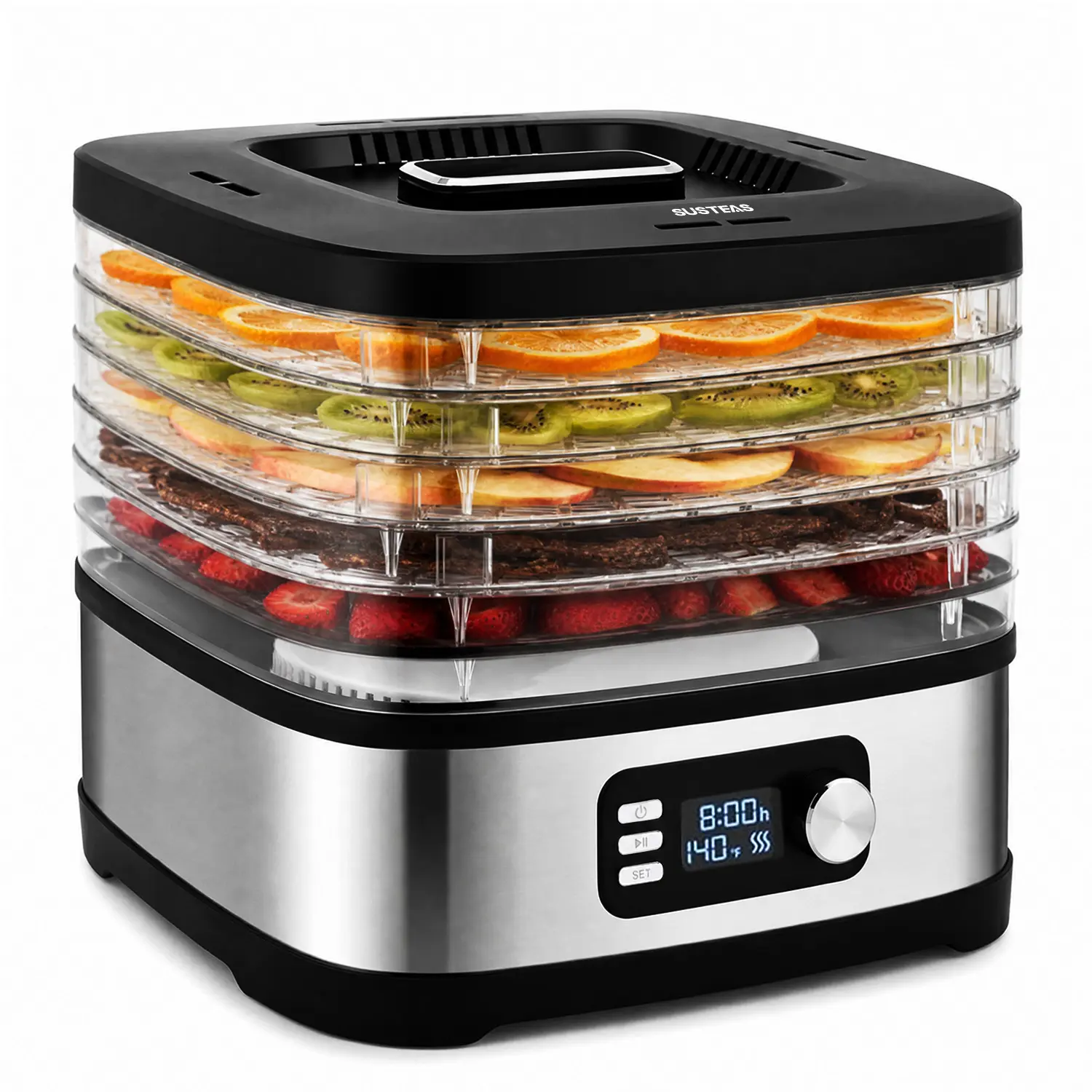 SUSTEAS Food Dehydrator, 5-Tier 12.2" Trays, 95-167°F Adjustable Temperature, 24H Timer, 360° Air Circulation, for Jerky, Fruit Snacks, Pet Treats