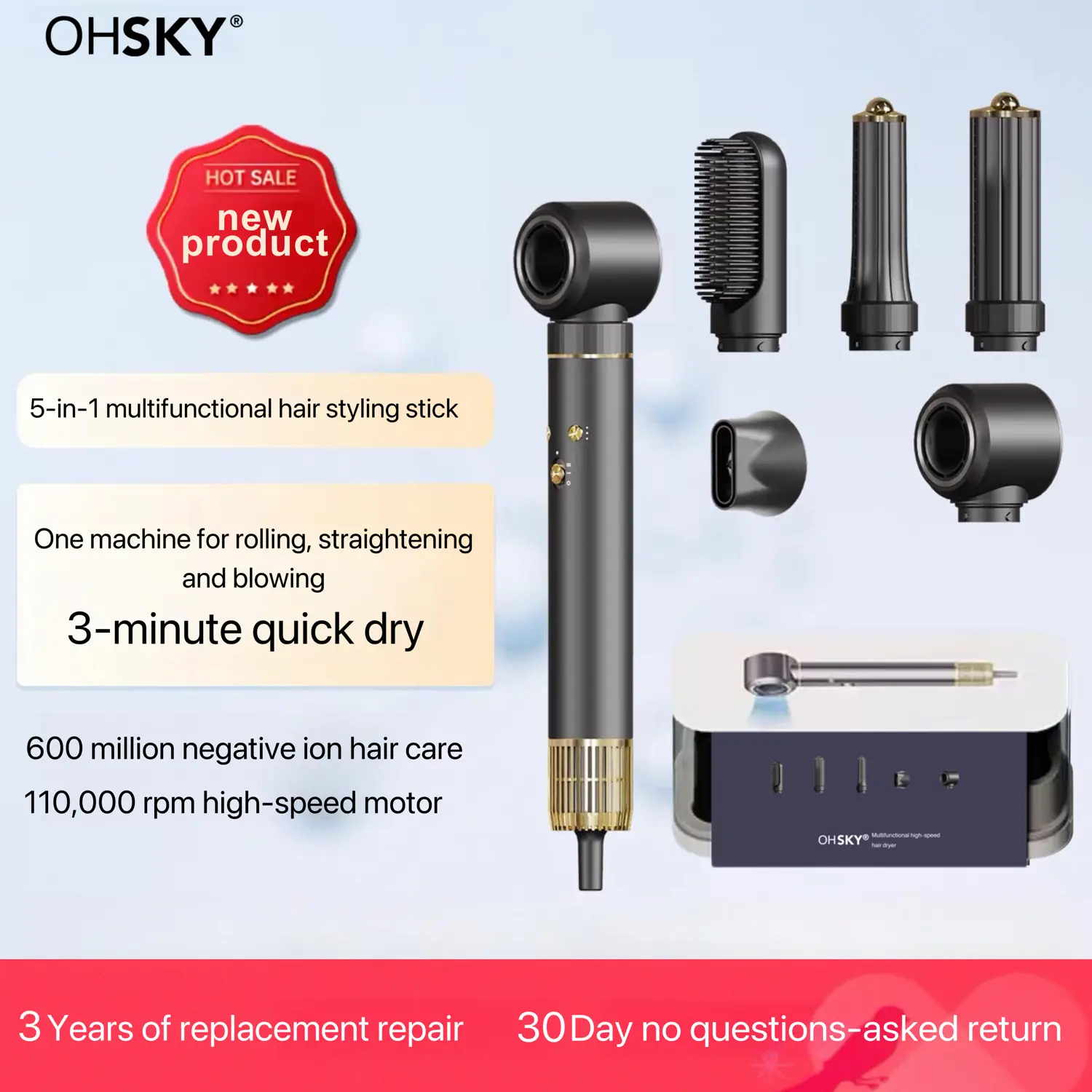 OHSKY 5-in-1 Air Wrap Hair Styler for Women High-Speed Frizz-Free Hair Dryer Brush with 600 Million Negative Ions & 110,000 RPM Motor for Curl Volumize Straighten Gift Idea
