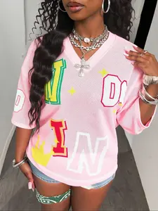 Women's Y2K American Letter Print Casual Pattern T-Shirt, Breathable Mesh Sports Ball Jersey, Streetwear Daily Wear Top, Casual Sportswear