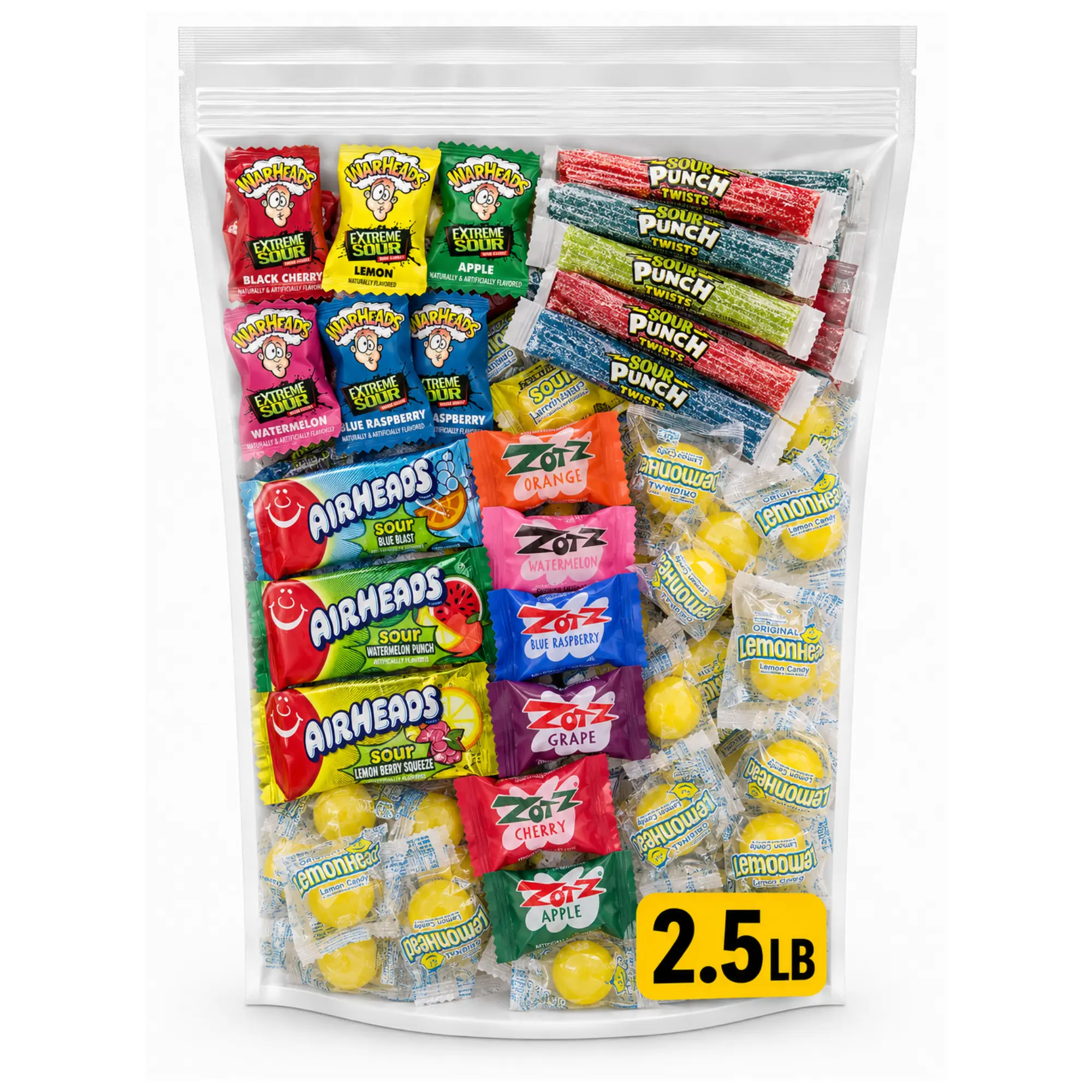 Bulk Ultimate Sour Candy Mega Mix Snack Assortment - 60 Count Pack with Zotz, Warheads, Lemonheads, Sour Punch, Airheads Sours - 2.5lb Heavy Duty Pouch for Halloween Parties, Office Candy Bowls - Extreme Tart Chewy Variety