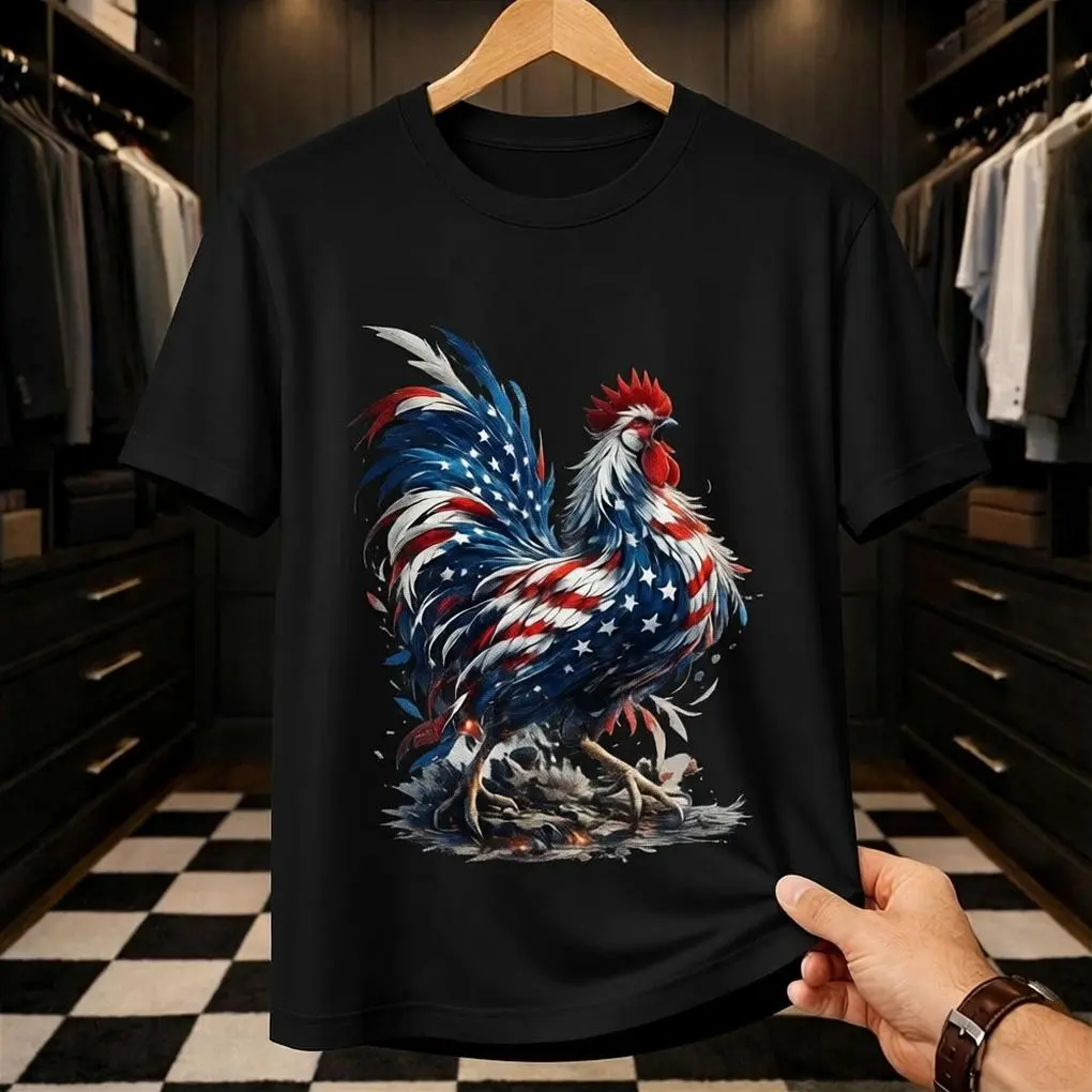 Men's 100% Cotton Vintage Rooster Graphic Tee - Sporty Round Neck Knitted Soft Patriotic USA Flag Print Casual Short Sleeve Streetwear T-Shirt, Stars And Stripes
