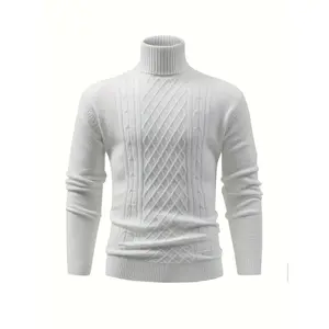 Men’s Casual Textured Long-Sleeve Turtleneck Stretch Knit Pullover Sweater, Autumn/Winter Tops, Cardigan Knitwear, Black/Beige Fabric, Menswear