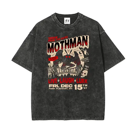 Men's Casual Round Neck Short-Sleeve T-Shirt, Mothman Point Pleasant WV Retro Cryptid Terror Graphic, Unisex Washed Batik Cotton Stretch Fabric, Pre-Shrunk Super Soft Vintage, S-5XL Streetwear