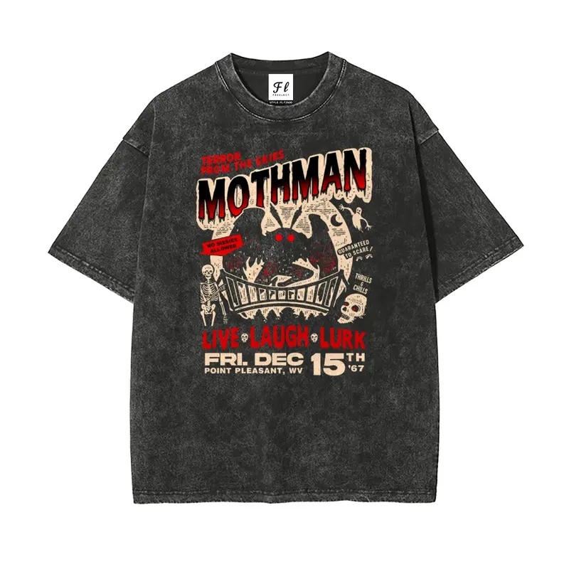 Men's Casual Round Neck Short-Sleeve T-Shirt, Mothman Point Pleasant WV Retro Cryptid Terror Graphic, Unisex Washed Batik Cotton Stretch Fabric, Pre-Shrunk Super Soft Vintage, S-5XL Streetwear