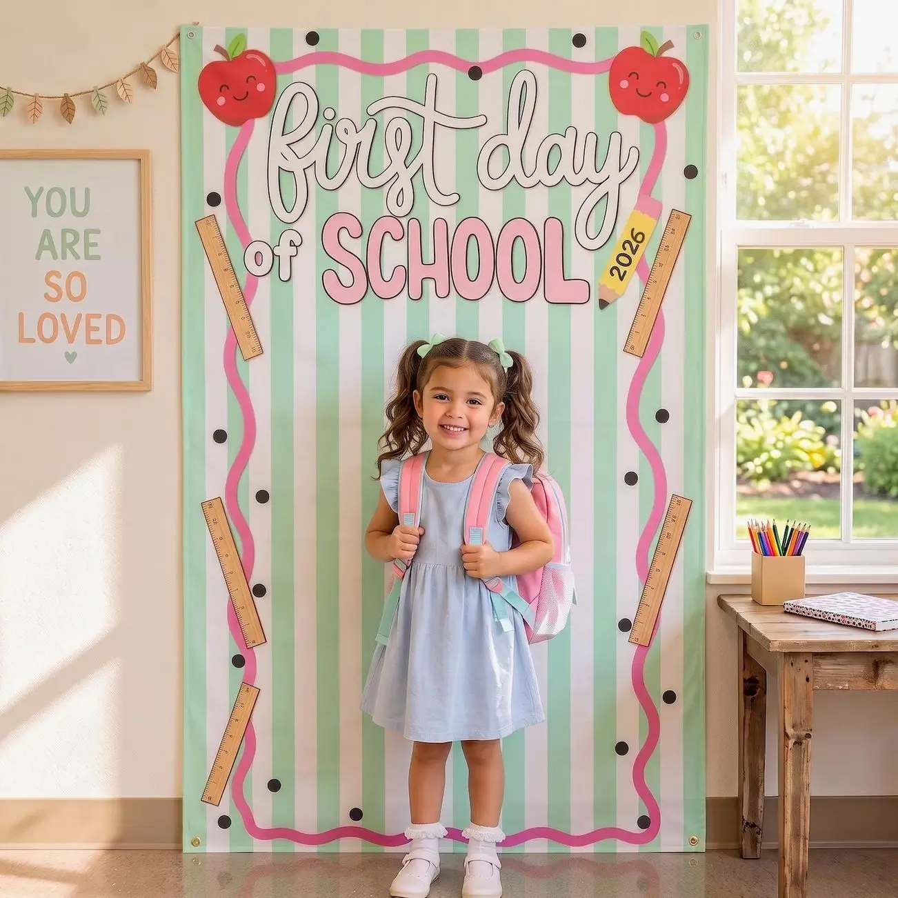 First Day of School Photo Banner, Pastel Back to School Backdrop, Custom Pre K Kindergarten Sign, Ribbon Classroom Decor, Photo Booth Prop