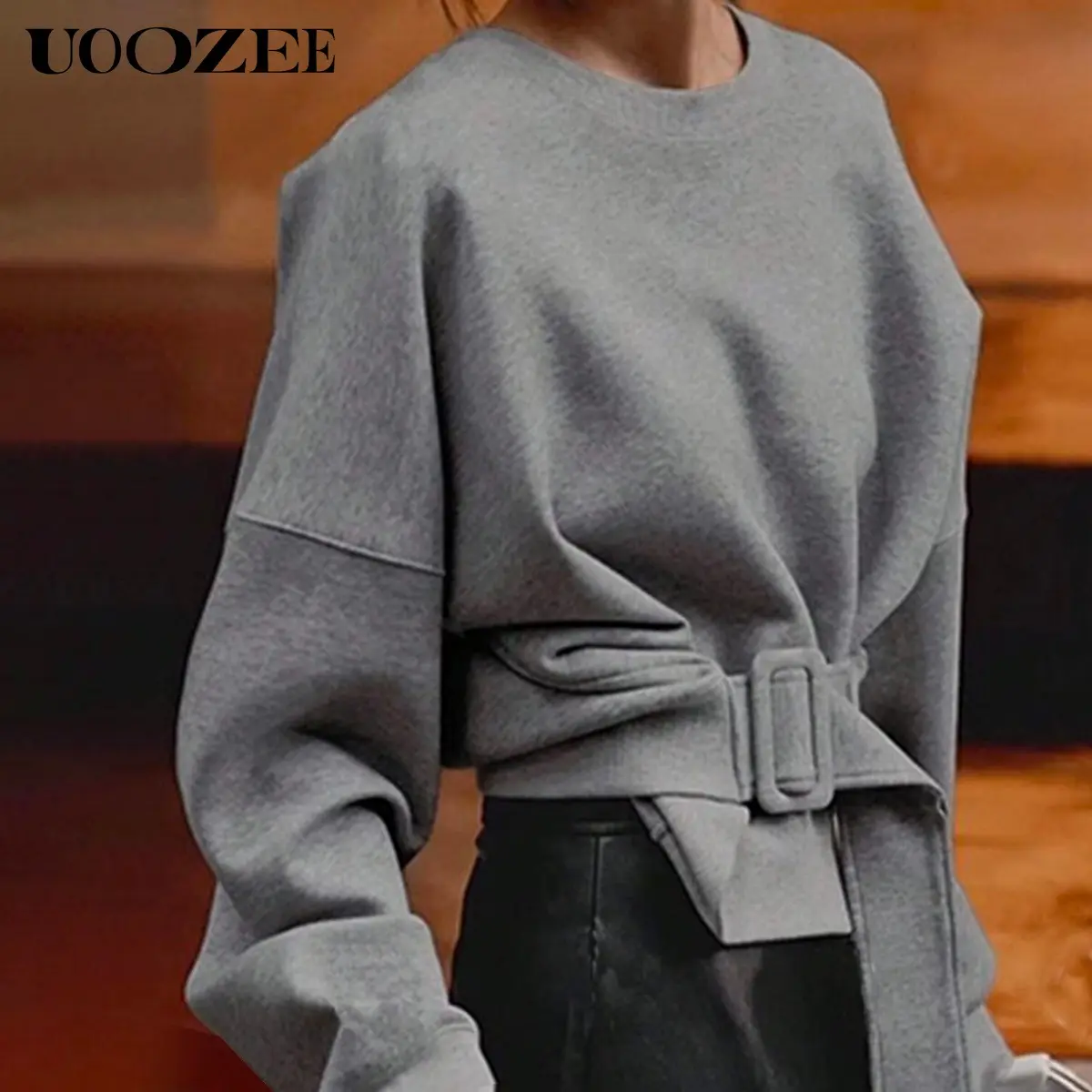 UOOZEE Women's Casual Baggy Pullover Sweatshirt, Solid Long Sleeve Round Neck Cotton Blend Top with Side Belt Buckle, Pullover Hoodie, Long Sleeves, Women's Tops