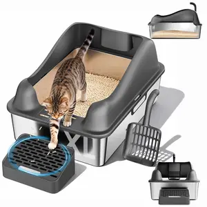 GTplayer XL Cat Litter Box Stainless Steel 18L with Lid, XL Large Metal Litter Box High Sided Design,Anti-Urine Leakage, Include Cat Mat & Litter Scoop, NeverAbsorbsOdors, EasyCleaning, Non-Sticky