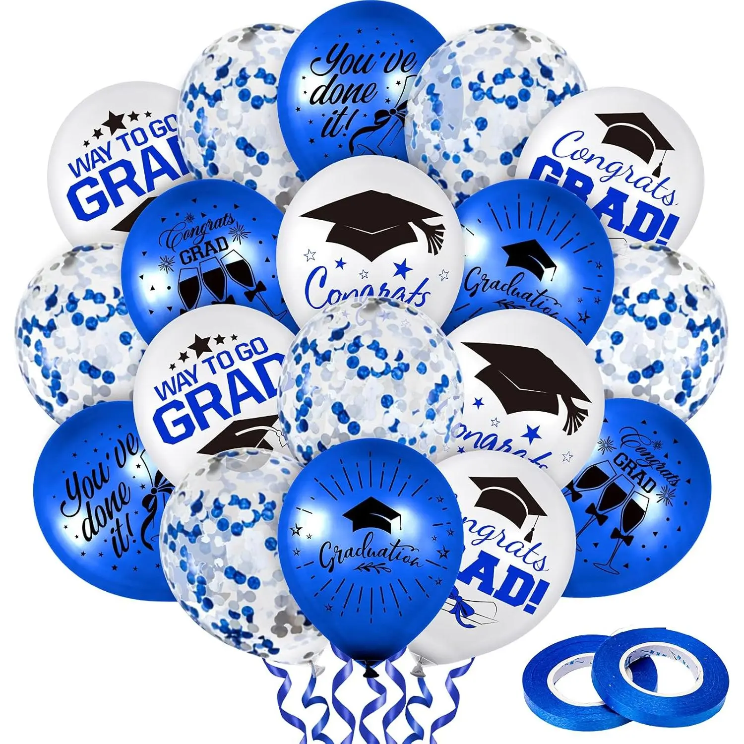 60Pcs Graduation Party Balloons Set 7 Designs Blue White Confetti Latex Balloon with 2 Rolls Blue Ribbon Grad Cap Congrats Grad Balloon for Graduation Party Decoration Supplies