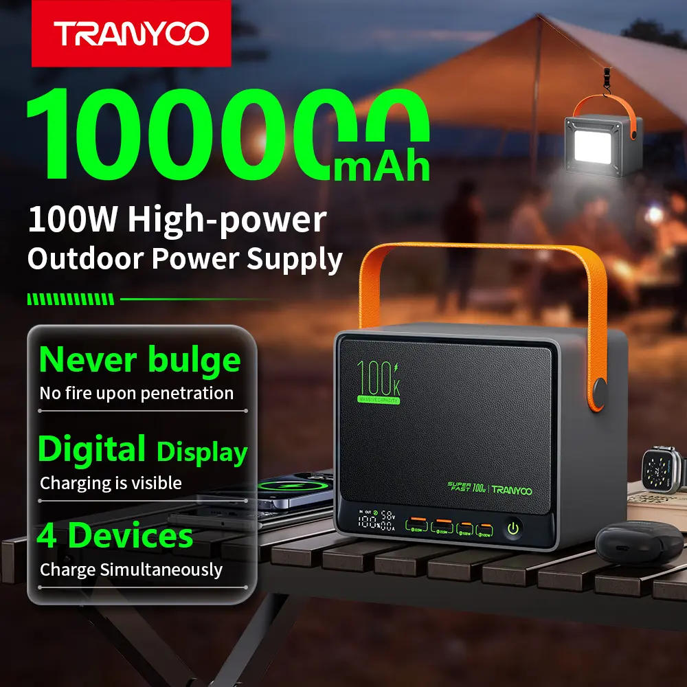 TRANYOO T-L10 100000mAh 100W PD Portable Power Bank, Fast Charging Battery Pack with Real-Time Digital Display, 4 Outputs, LED Camping Light for MacBook, Laptop, Steam Deck, iPhone & Outdoor Travel