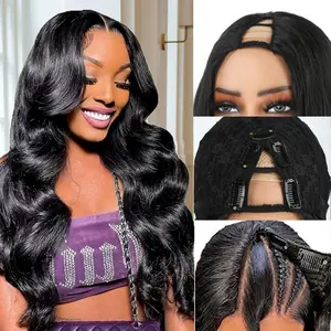 V Part Wig Body Wave 1B Black Color Wear and Go Wigs for Women 24 Inch Synthetic Black Glueless Wig No Sew In