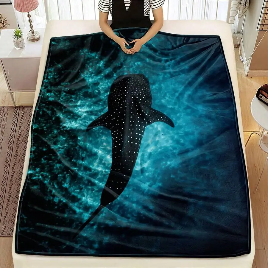 Large Flannel Blanket - Contemporary Shark & Whale Marine Design, Soft Blue Animal Theme All-Season Multi-Use For Sofa Bed Car Outdoor Garden, Cozy Gift, Home Decor Accessory, Playful Pattern, Plush Texture, Snug Wrap, Home Decor Lovers