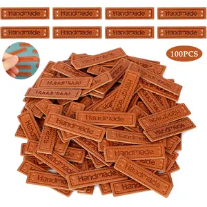 100 Pcs Handmade Tags for Crochet and Knits Items PU Leather Labels Embossed Sew on Tag for Handmade Items DIY Craft Supplies