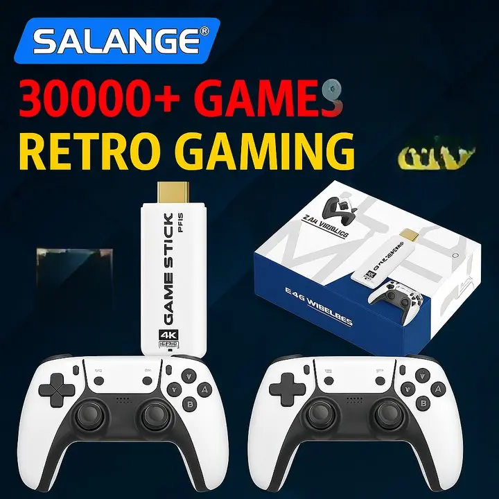 SALANGE Retro Game Stick Pro - Cordless Console with 30000+ Classic Games, 4K HDR, 3D Support, 2 Wireless Controllers, Plug & Play, Portable Gaming System