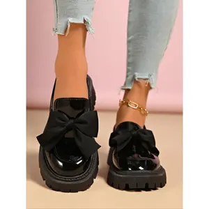 Women's Loafers Thick Sole Chunky Heel Slip-On Rubber Bottom, Casual Fashion Office Business Shoes, Comfortable Daily Wear Bow Design