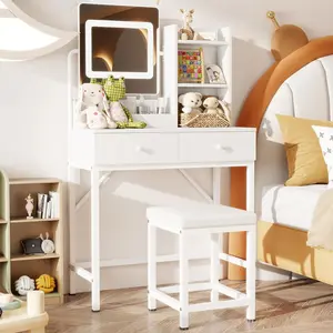 Gizoon Vanity Desk with Mirror and Lights Makeup Vanity Desk with Lights and Chair Small Vanity Table with Drawers for Girls Kids and Women in Bedroom Bathroom and Closet Room, White