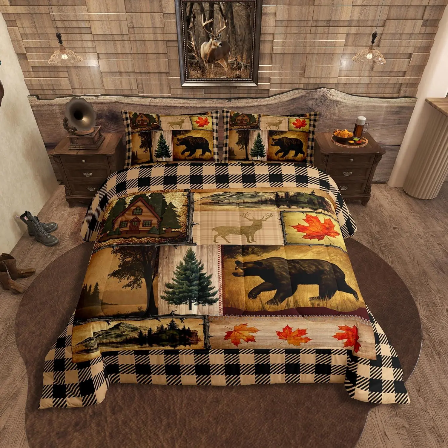 Bear Cabin Lodge Bedding Set,Christmas Farmhouse Comforter Set for Kids Boys Girls,Western Bedding,Rustic Woodland Animals Wildlife Hunting Theme Quilt Comforter ,Beige