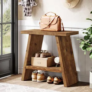 TRIBEWOOD Solid Wood End Table for Living Room, Narrow Small Side Table with 2-Tier Storage, Farmhouse Bedside Nightstand for Bedroom, Small Places