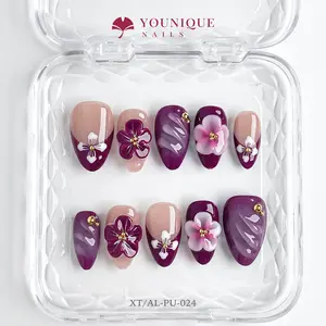 Younique Nails 2025 | Short Almond Nails Collection | 10PCS 100% Handmade Press-On Nails | Reusable Colorful Art acrylic Luxury Pearls and Rhinestones Long-Lasting 3D