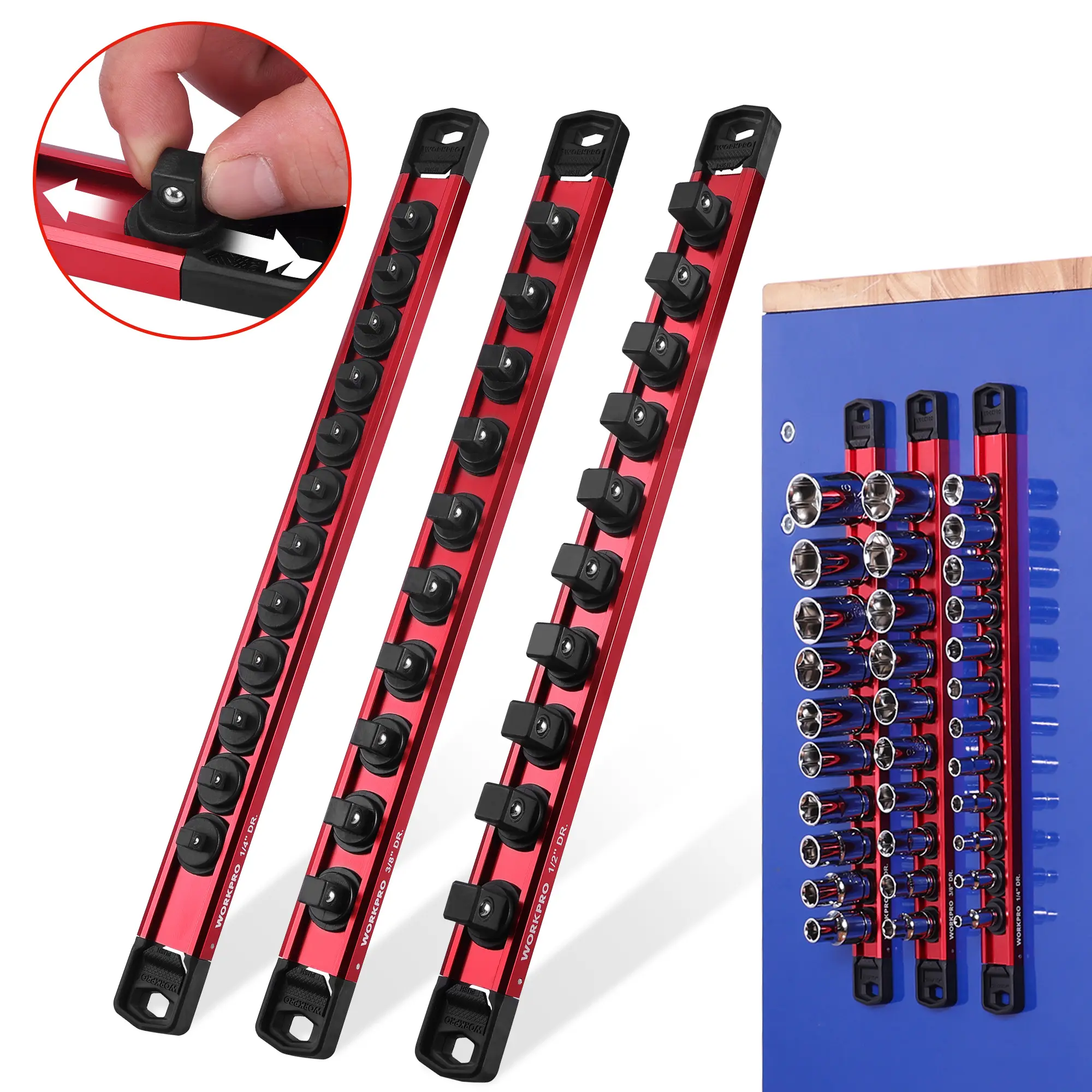 #summersale WORKPRO Magnetic Socket Organizer Set, 1/2" 3/8" 1/4" Drive Aluminum Alloy Socket Holder with Removable Socket Clip for Quick Customization, 3PC Socket Rail for Tool Box Drawer (Socket Excluded)