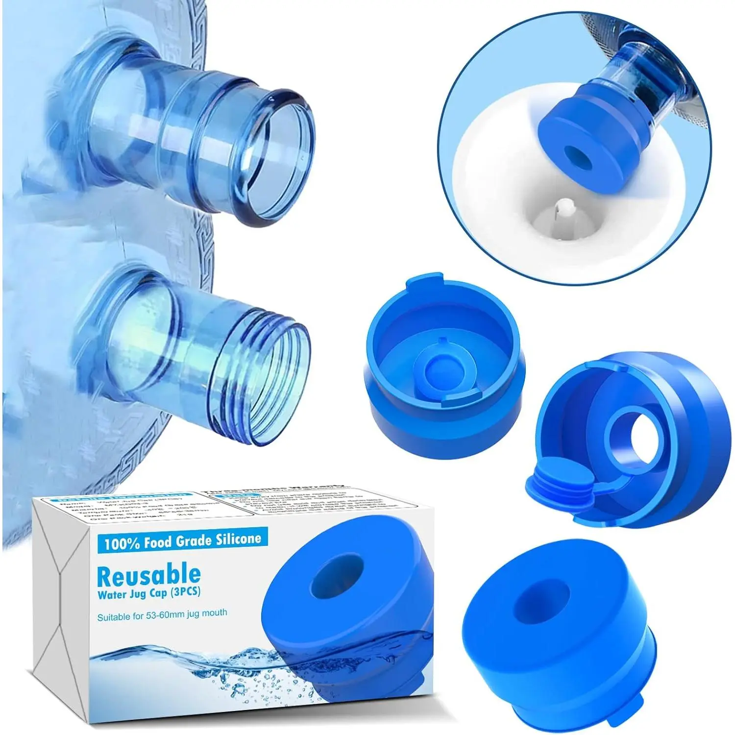 3 & 5 Gallon Water Jug Cap, 3 Pack   Grade  Replacement Cap for 55mm Standard/Screw/Crown Tops Water Bottle and Water Dispensers, Non-Spill & Leak Free
