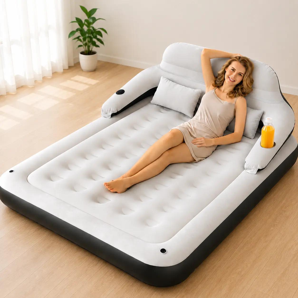 3-in-1 Inflatable Air Mattress with Removable Backrest and Pillows,Cup Holders | Soft and Comfortable, Easy Storage, Suitable for Indoor and Outdoor Use, Prefect for Camping, Picnics, Travel