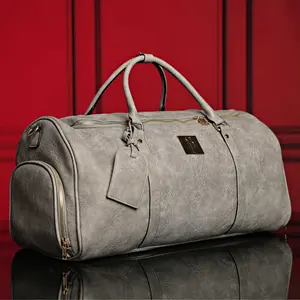 Grey Tumbled Leather Weekender Duffle Bag