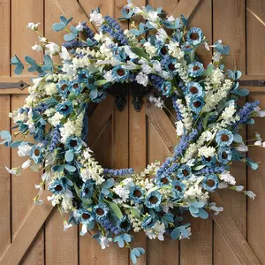 BIBELOT 22-Inch Blue Spring PVC Wreath - Artificial Wreath with White Daisy Flowers, Green Leaves, Artificial Grains for Farmhouse Front Door, Home Decor,summervibes