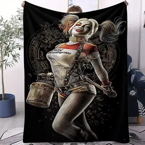Harley Quinn Themed Printed Flannel Sofa Blanket With Unique Print In Black, White, And Gold, Bedroom and Travel Use, All Seasons