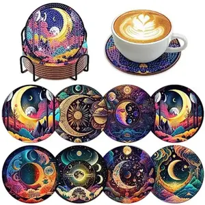 8-Piece Diamond Art Coaster Set with Stand, DIY Moon Pattern Diamond Painting Coasters, Suitable for Adults and Beginners, Perfect Gift