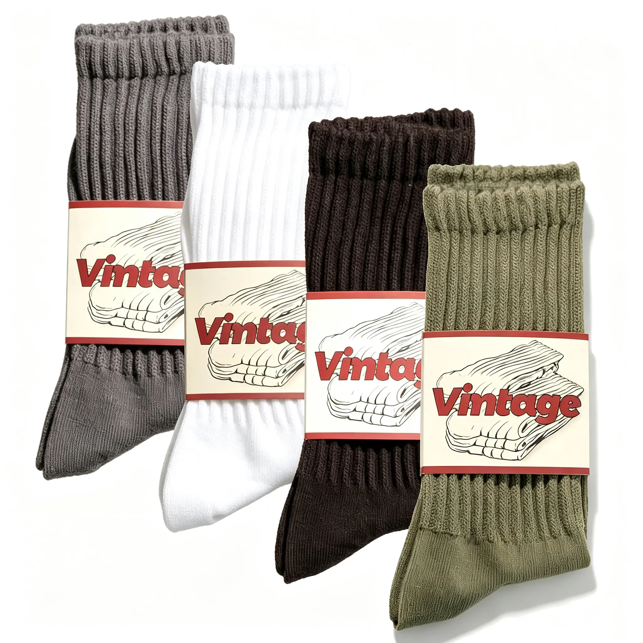 Unisex Retro Cotton Crew Sports Socks - 2/4 Pairs, Seamless, Breathable Ribbed Knit, Comfortable Stylish Mid-Calf Socks for Fall Winter, Casual Daily & Athletic Wear