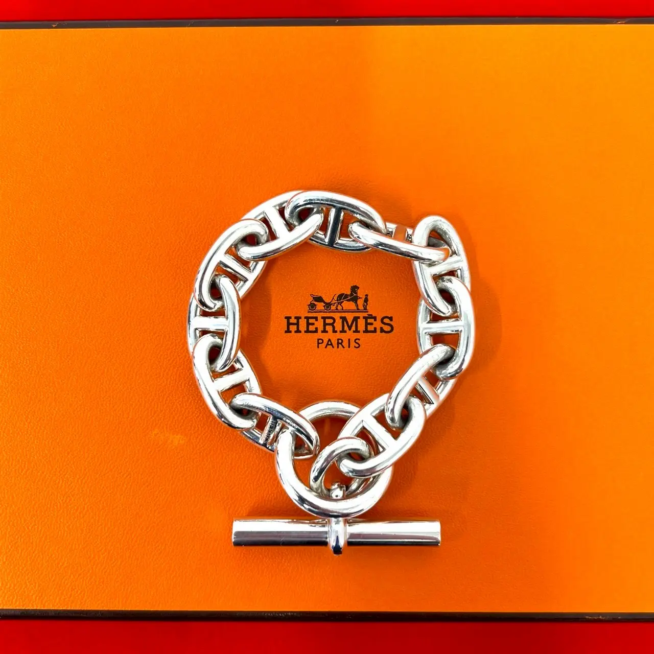 Pre-owned HERMÈS Sterling Silver 925 (Ag925) Small Leather Goods Hermes Chaine d’Ancre TGM Bracelet