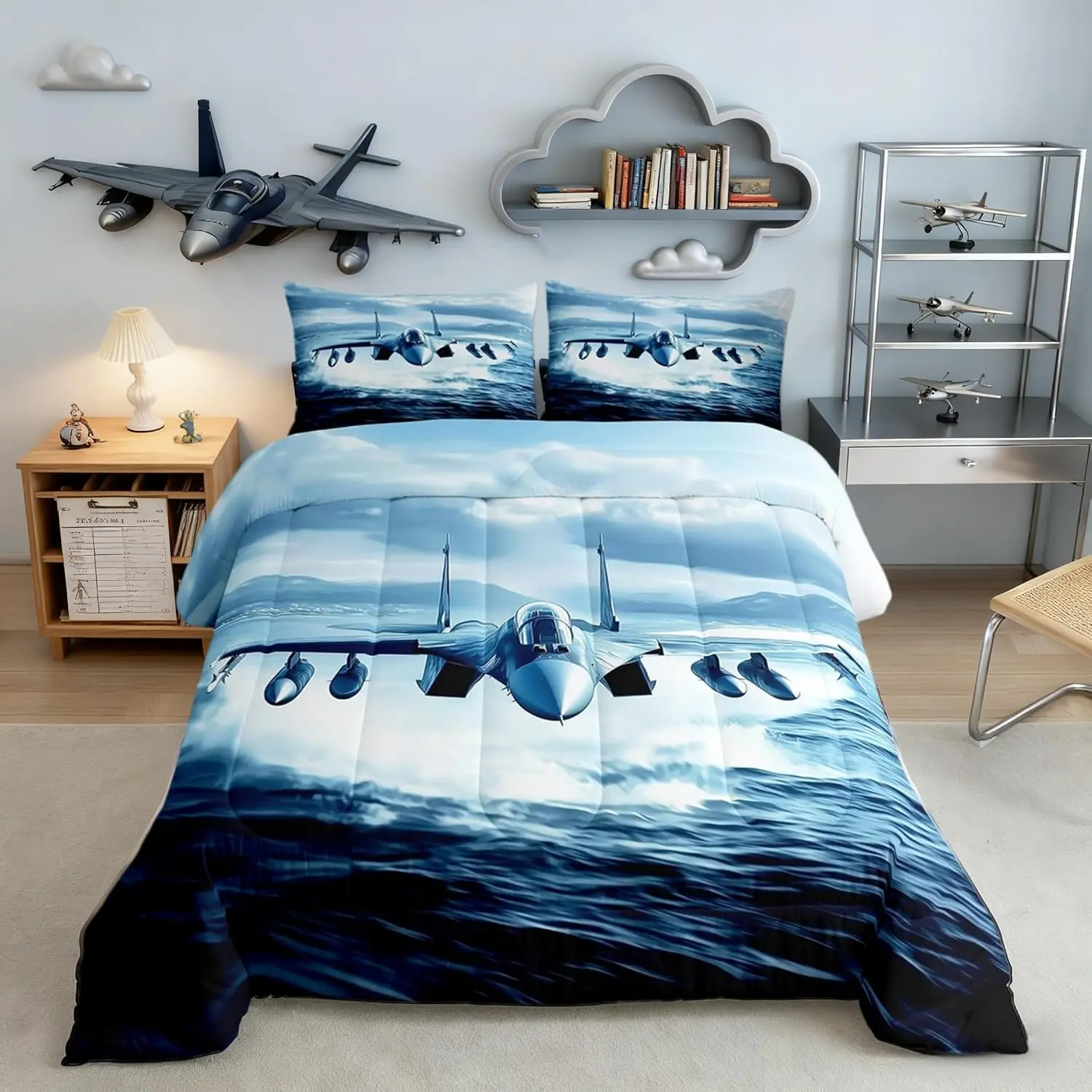 Aircraft Bedding Set Adults,Aircraft flying Over the Sea Comforter Bed Set Men Bedroom Decor,Realistic 3D Plane Quilt Set,Military Flying Vehicle Duvet Insert,1