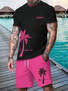 Men's Summer Fashion Sportswear Set, Casual Hawaiian Style T-Shirt & Gym Shorts, Hawaiian Influence, All over Print, Fitted, Comfortable and Stylish