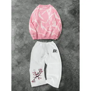 Men's Casual Two-Piece Set, Soft Comfortable Round Neck Sweater and Drawstring Straight Leg Pants, Floral Pattern, Spring Fall Winter