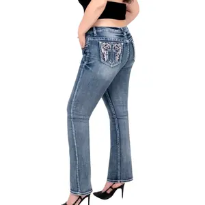 Plus Size Bling Embroidered Bootcut Stretchy Jeans Embellished Rhinestones Womenswear Rock MidWaist Bottom Style casual Fit Comfort Embroidery Denim