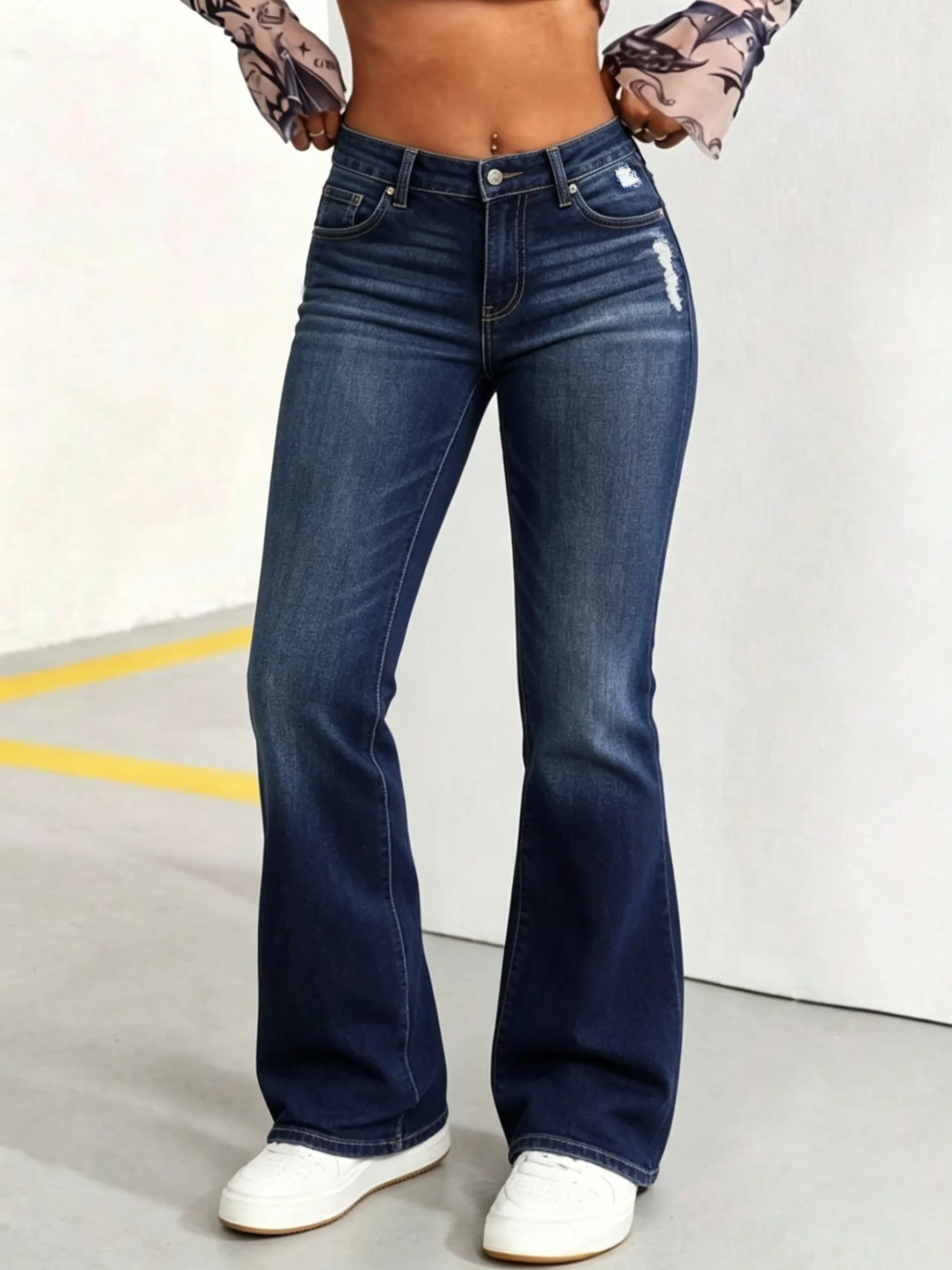 Bootcut Flare Jeans for Women Mid Rise Dark Wash Minor Distressed Stretch Casual Denim Pants Daily Streetwear Trousers