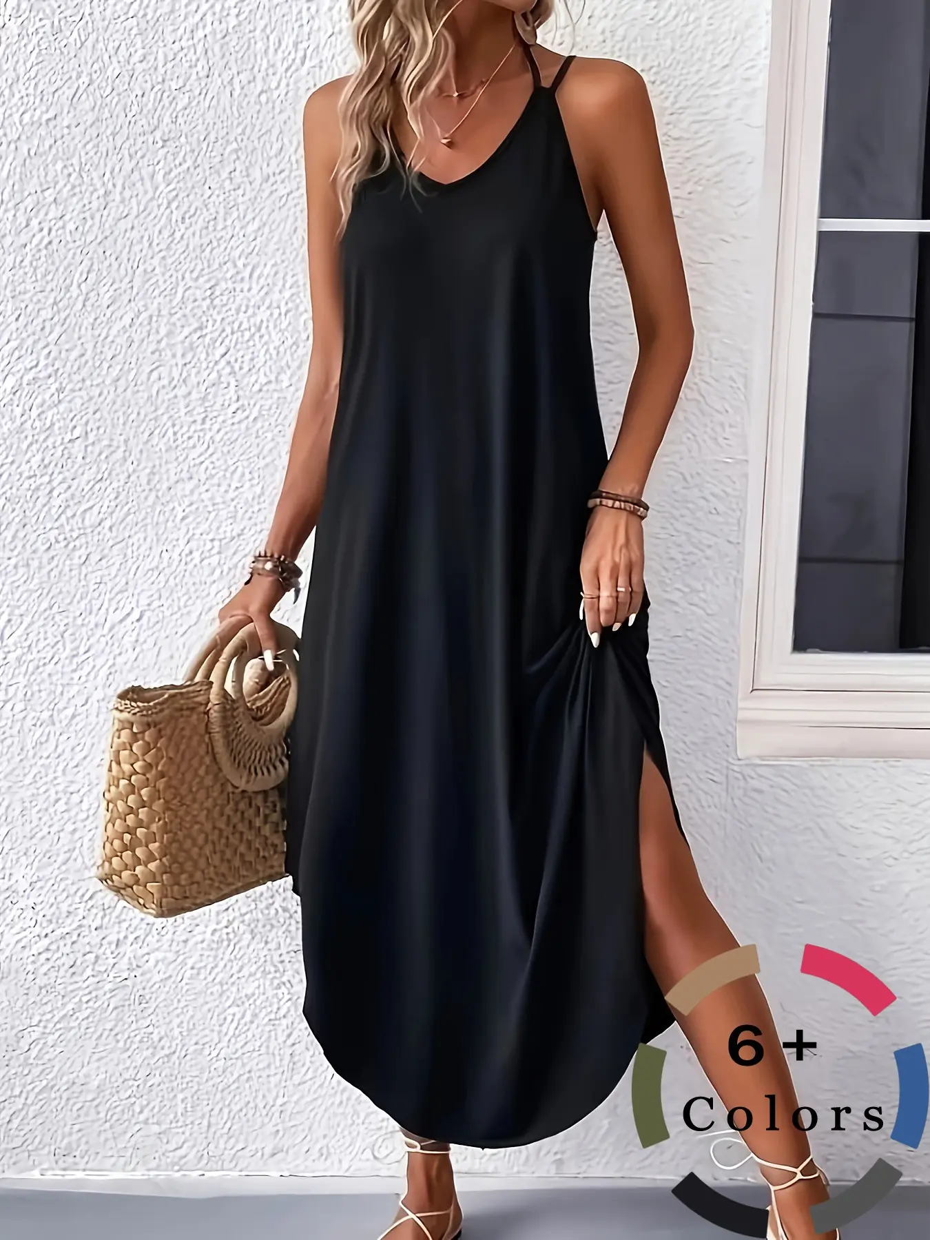 Women's Plain Basic Loose-Fitting Spaghetti Strap Sleeveless Long Dress, Summer Casual Style, Minimalist, Perfect for Daily Commute, Fitness & Gym, Above-The-Ankle Design, Casual Wear, Womenswear