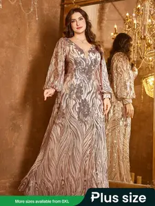 Plus Size Elegant V Neck Long Sleeve Evening Dress, Random Cut Sequins Bodycon Party Gown, Luxurious Women's Formal Wear