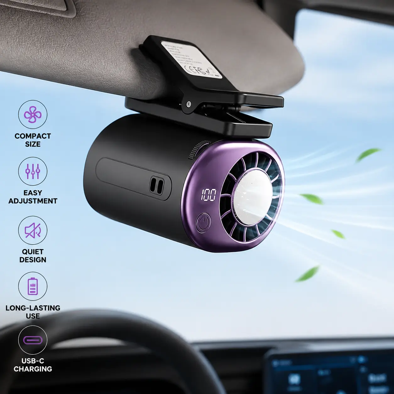 MAISIKE Car Fan Clip On Fan – 199 Speed USB Rechargeable Portable Mini Fan, 360° Rotating Strong Clamp LED Display, for Car Office Camping Travel Summer Battery Powered Fan Belt Clip Fan