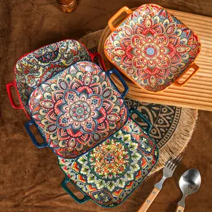 Bohemian Ceramic Salad Plate, Dual Handle Baking Dish, Oven & Microwave Safe, Vibrant Floral Design, Perfect for Pasta, Aesthetic Tableware, Aesthetic Plates, Salad Serving Plates, Ceramics Plate