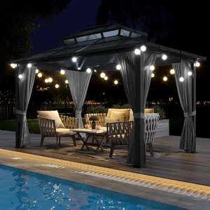 OP-Double Roof Canopy, Outdoor Hardtop Gazebo, Aluminum Frame Permanent Pavilion