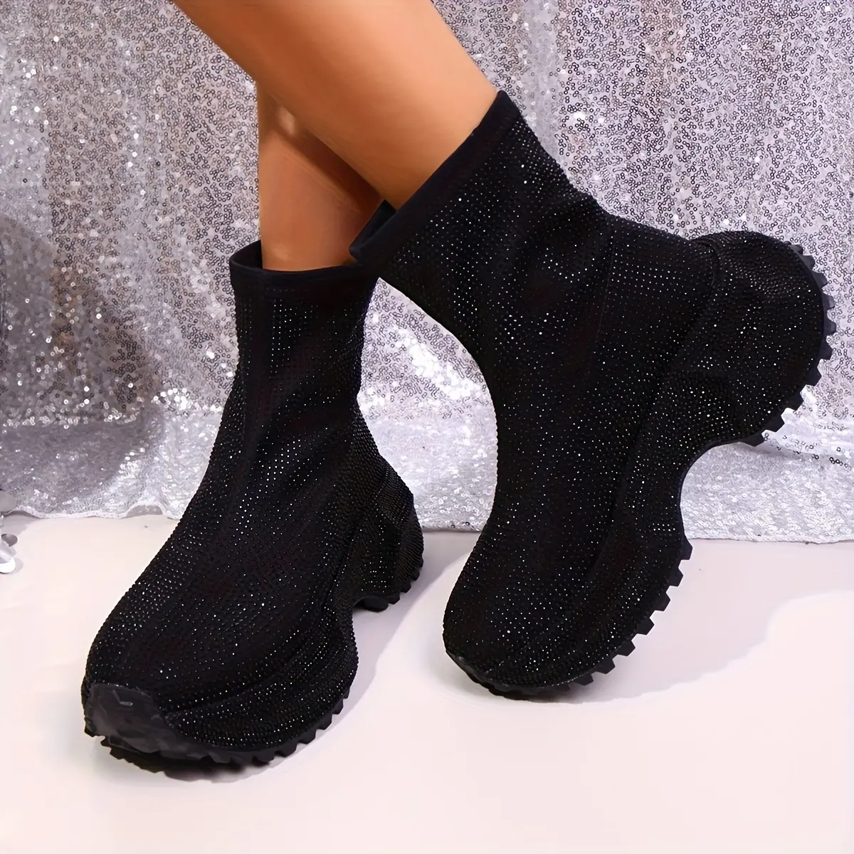 Daddy Onyx Women's Plus Size Rhinestone-Encrusted Slip-On Chunky Platform Ankle Boots Sparkling Pink/Black/Grey/White/Grey Glitter Thick Sole Round Toe Party Shoes for All-Season Wear Casual & Dressy Outfits Easy-Clean Fabric Upper