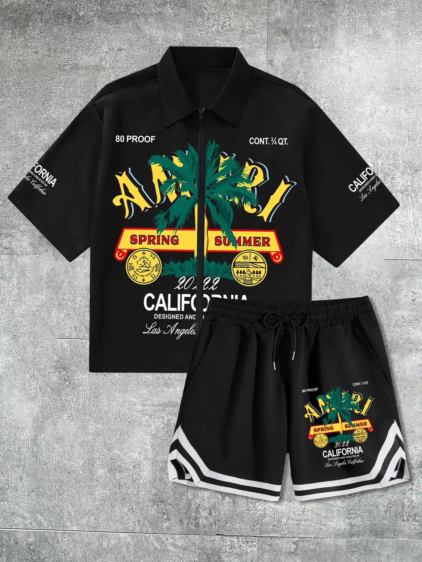 Men's Streetwear Style Casual Tropical Coconut Tree Print Shirt + Woven Belt Shorts Set, Loose-Fit All-Season, Unisex Fashion Clothing