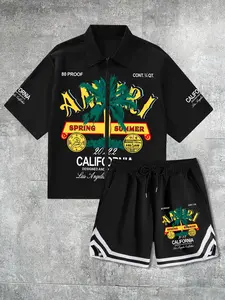 Men's Street Casual Style Tropical Coconut Tree Print Shirt + Woven Belt Shorts Matching Set, Casual Commuter Set, Loose-Fit All-Season, Unisex Fashion Stylish Shortsleeve Clothing