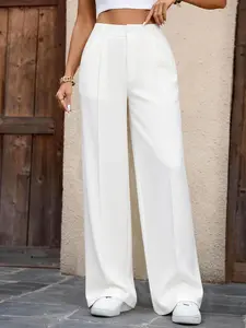 Plus Size Women's Solid Color Straight Leg Pants, Loose Button Commuter Elegant Straight Tube Pants, Casual Fitted Long Trousers Bottom